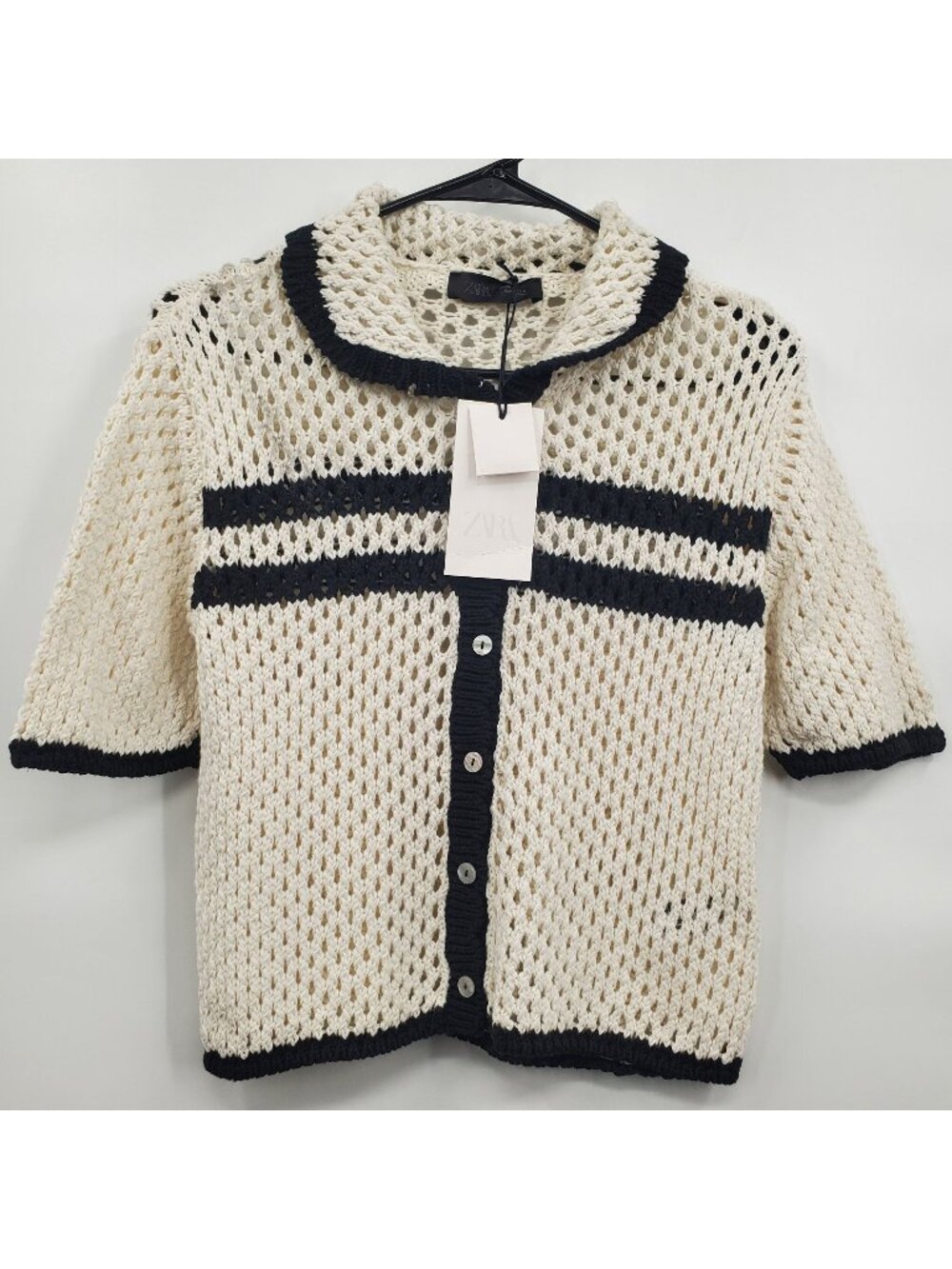Zara Open Knit Polo Jacket Top Women Size Medium NWT Short Sleeve Knit STAIN
